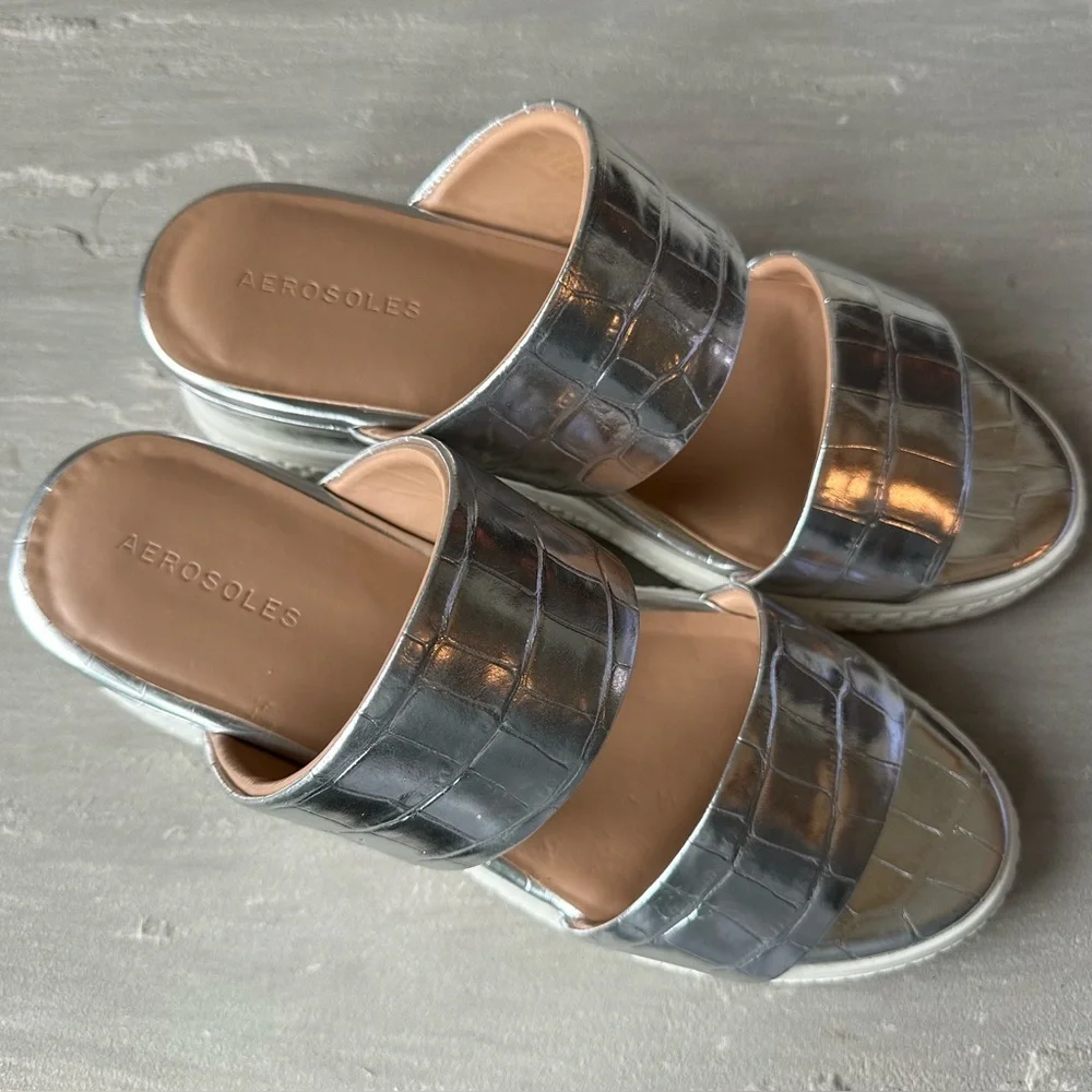 Aerosoles Zeff Wedge Sandal‎ Metallic Silver Slides 9.5
